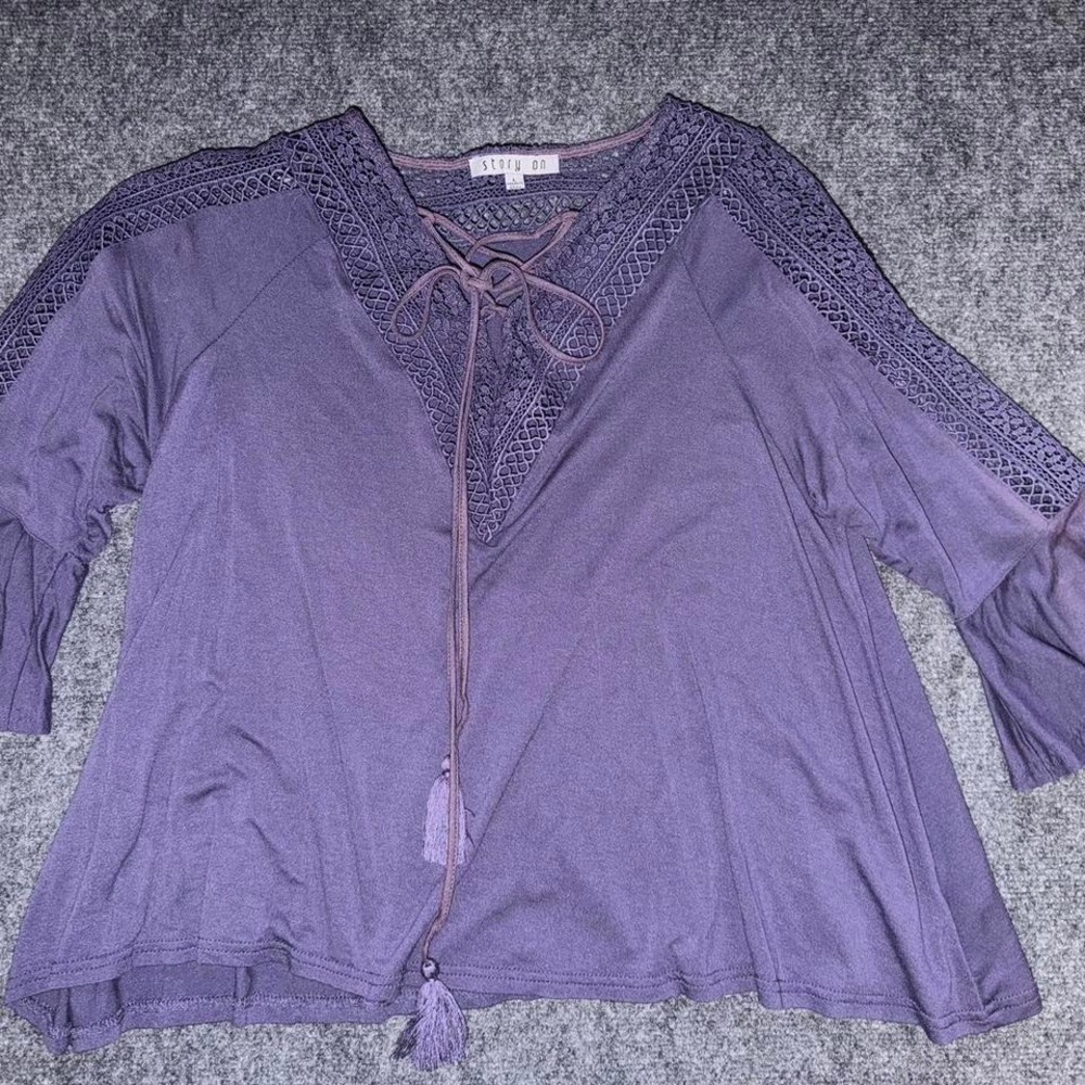 Boho lace peasant top Story On purple tassel tie cottagecore blouse size L